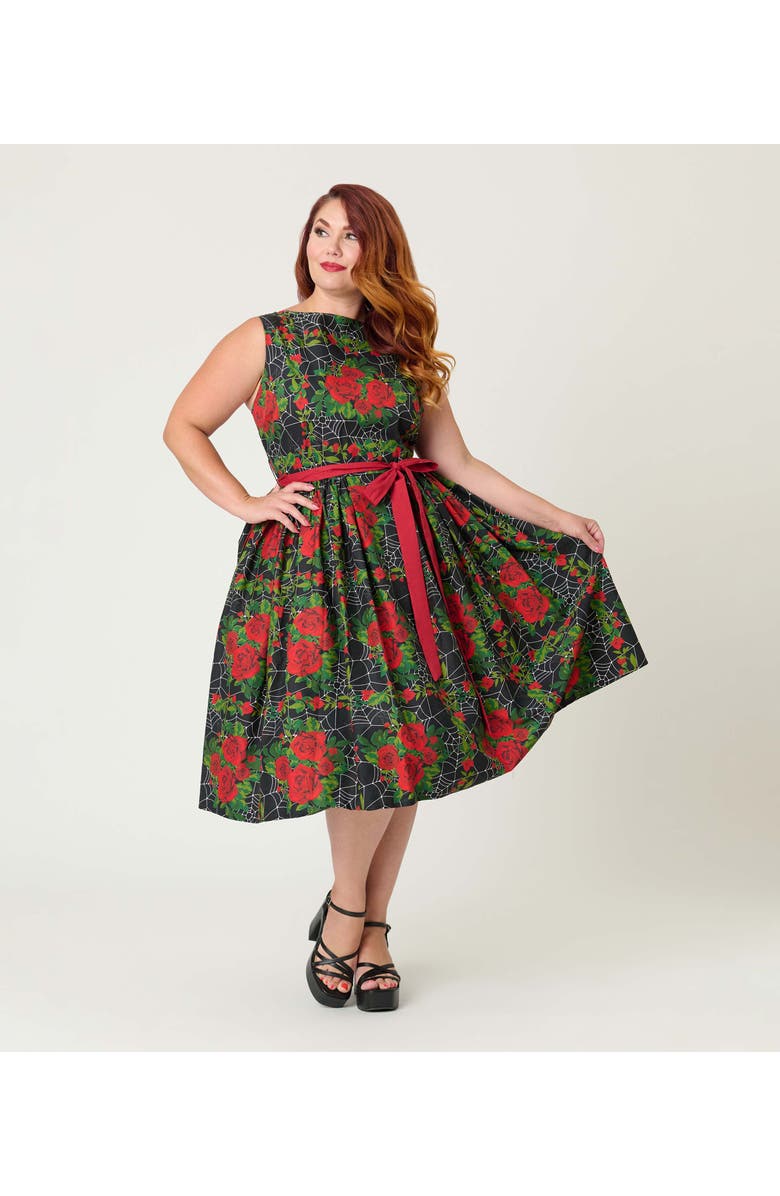 Unique Vintage Plus Size Sleeveless Belted Swing Dress, Alternate, color, Black/ Red