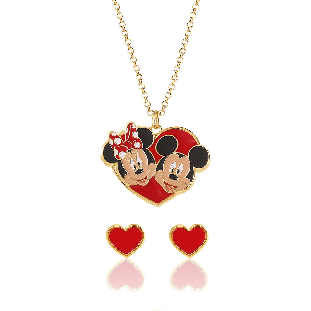 Disney Mickey & Minnie Heart Necklace And Stud Earrings Set In Gold