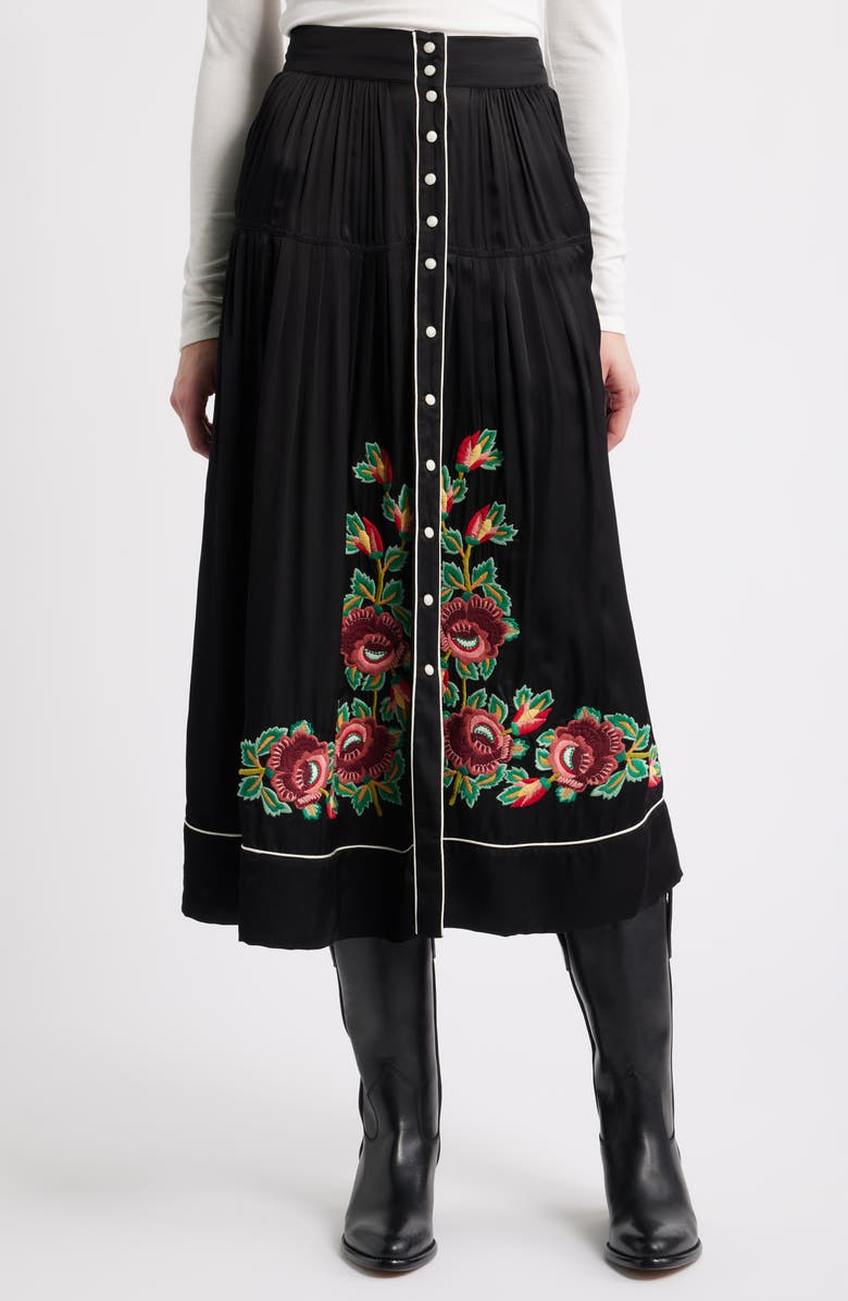 THE GREAT. Heirloom Rose Embroidered Skirt, Main, color, Black