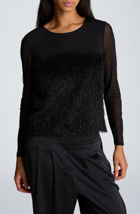 Lurex Fringe Mixed Media Top