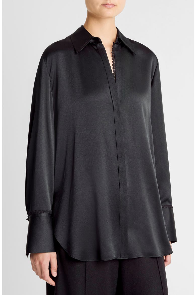 Relaxed Lace Trim Placket Silk Satin Button-Up Shirt, Alternate, color, BLACK