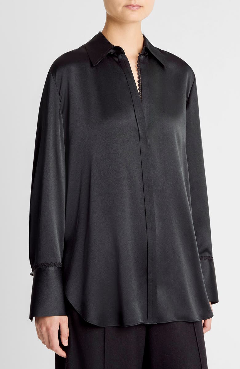 Vince Relaxed Lace Trim Placket Silk Satin Button-Up Shirt, Alternate, color, Black