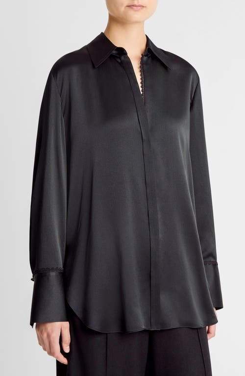 Vince Relaxed Lace Trim Placket Silk Satin Button-up Shirt In Black
