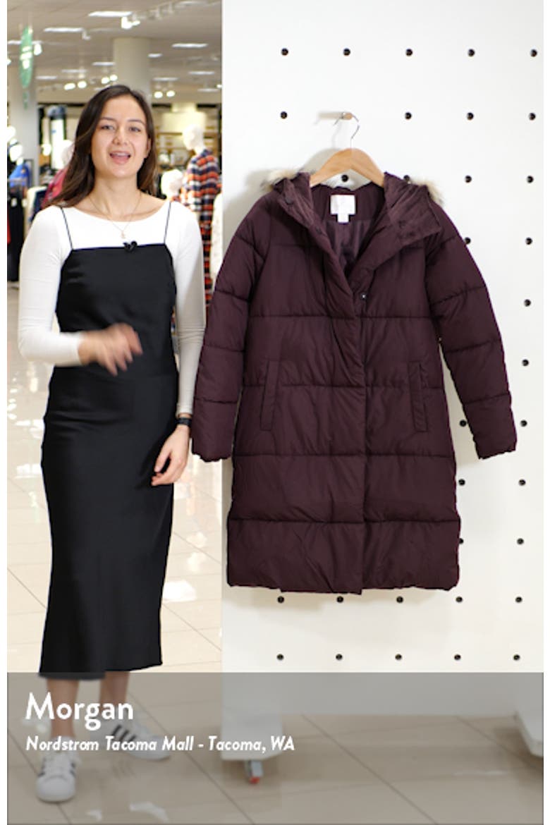 Hooded Puffer Coat with Faux Fur Trim video