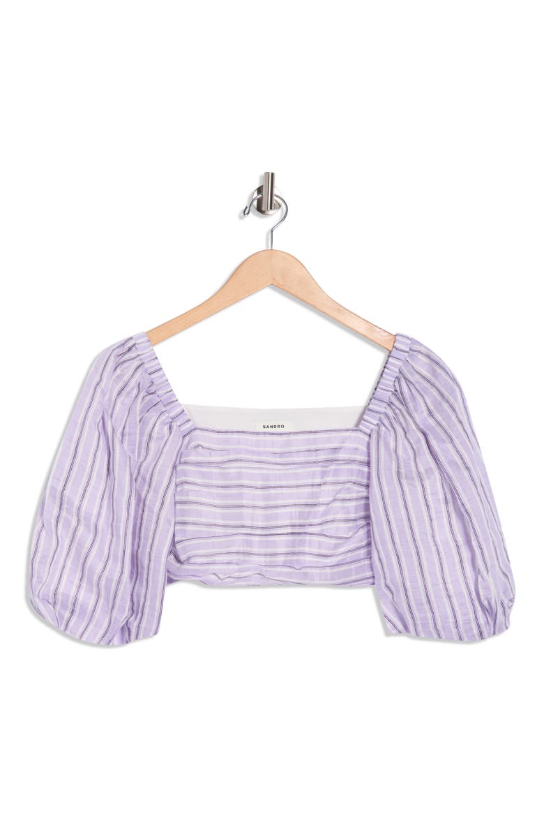 Blonvilla Puff Sleeve Linen Blend Crop Top, Alternate, color, LILAS / NOIR