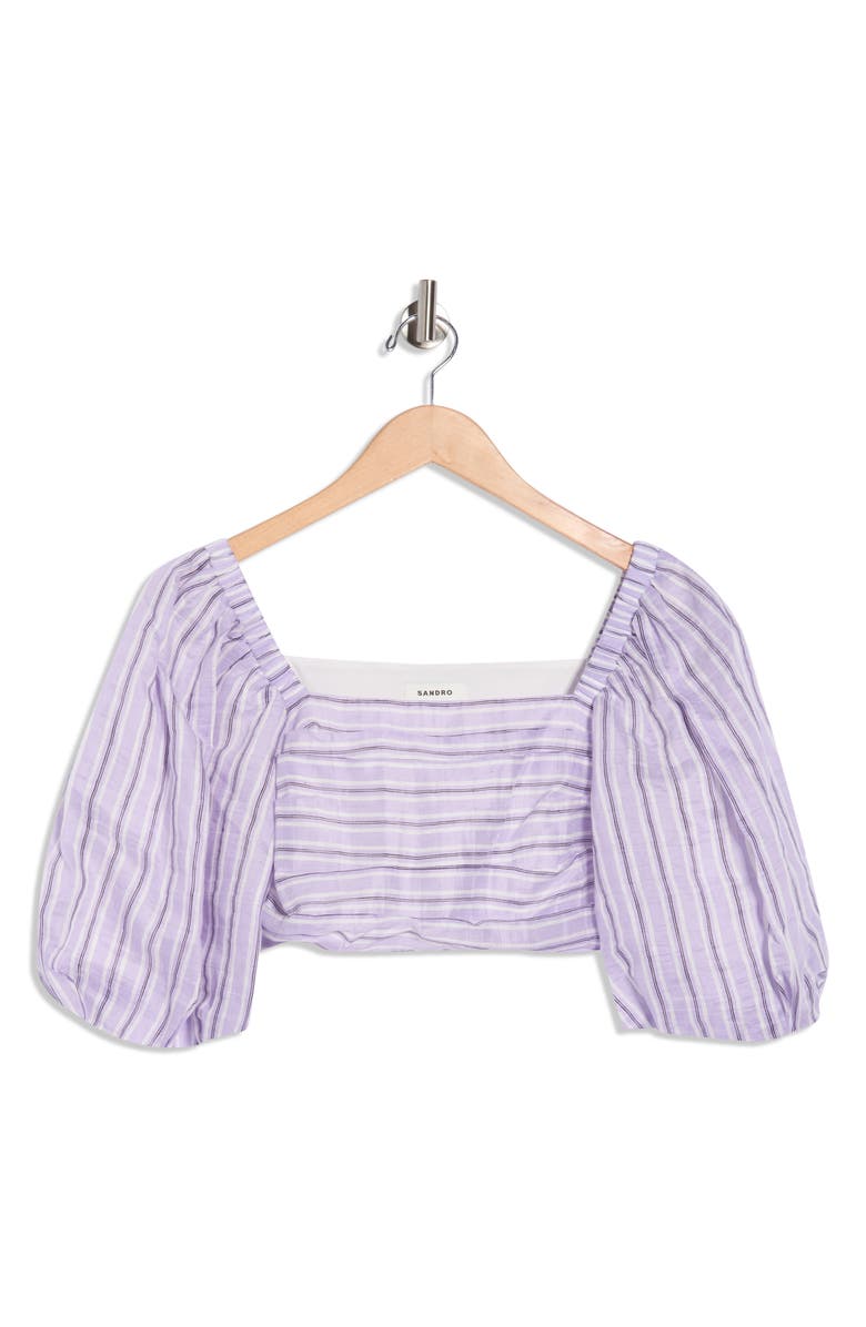 SANDRO Blonvilla Puff Sleeve Linen Blend Crop Top, Alternate, color, Lilas / Noir