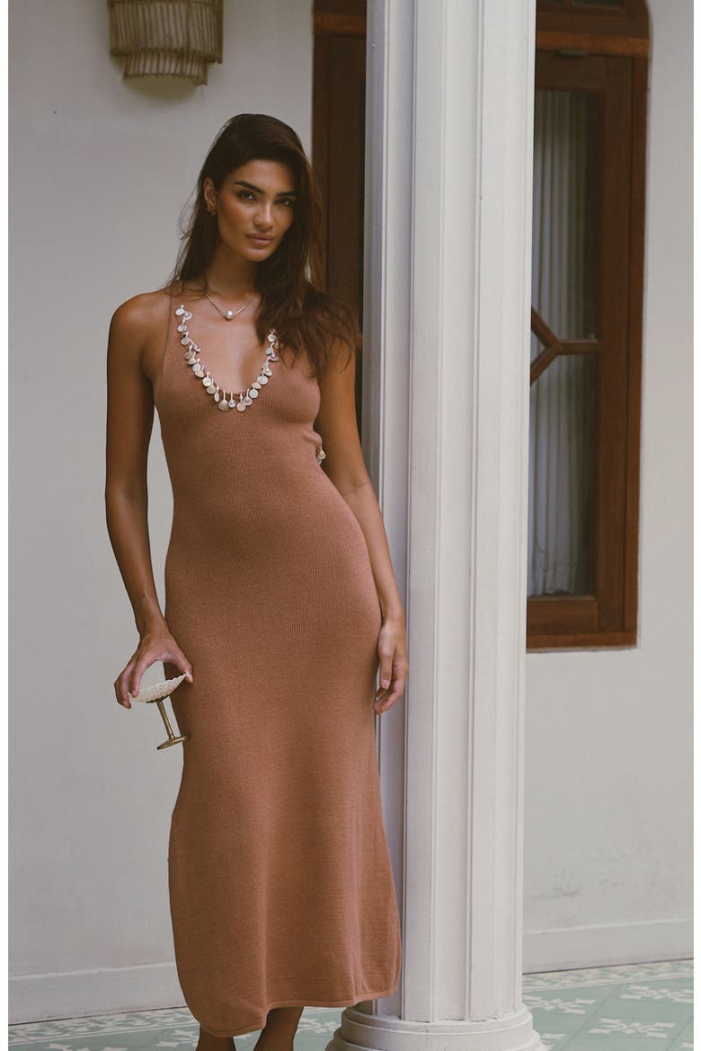 Ignacia Embellished Open Back Maxi Cover-Up Dress, Alternate, color, LIGHT BROWN