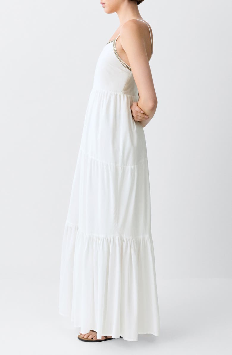 MANGO TEEN Sequin Beaded Trim Tiered Maxi Dress, Alternate, color, Off White