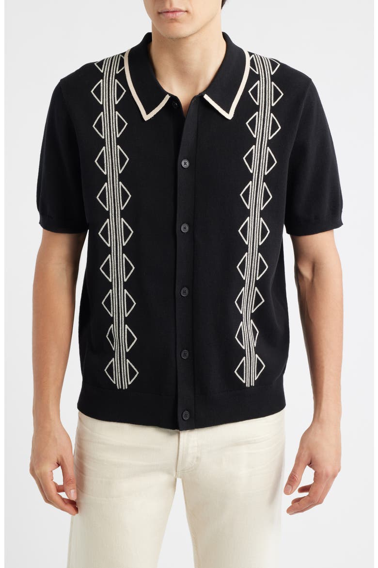 Tellaro Short Sleeve Retro Embroidered Shirt, Main, color, BLACK / ECRU