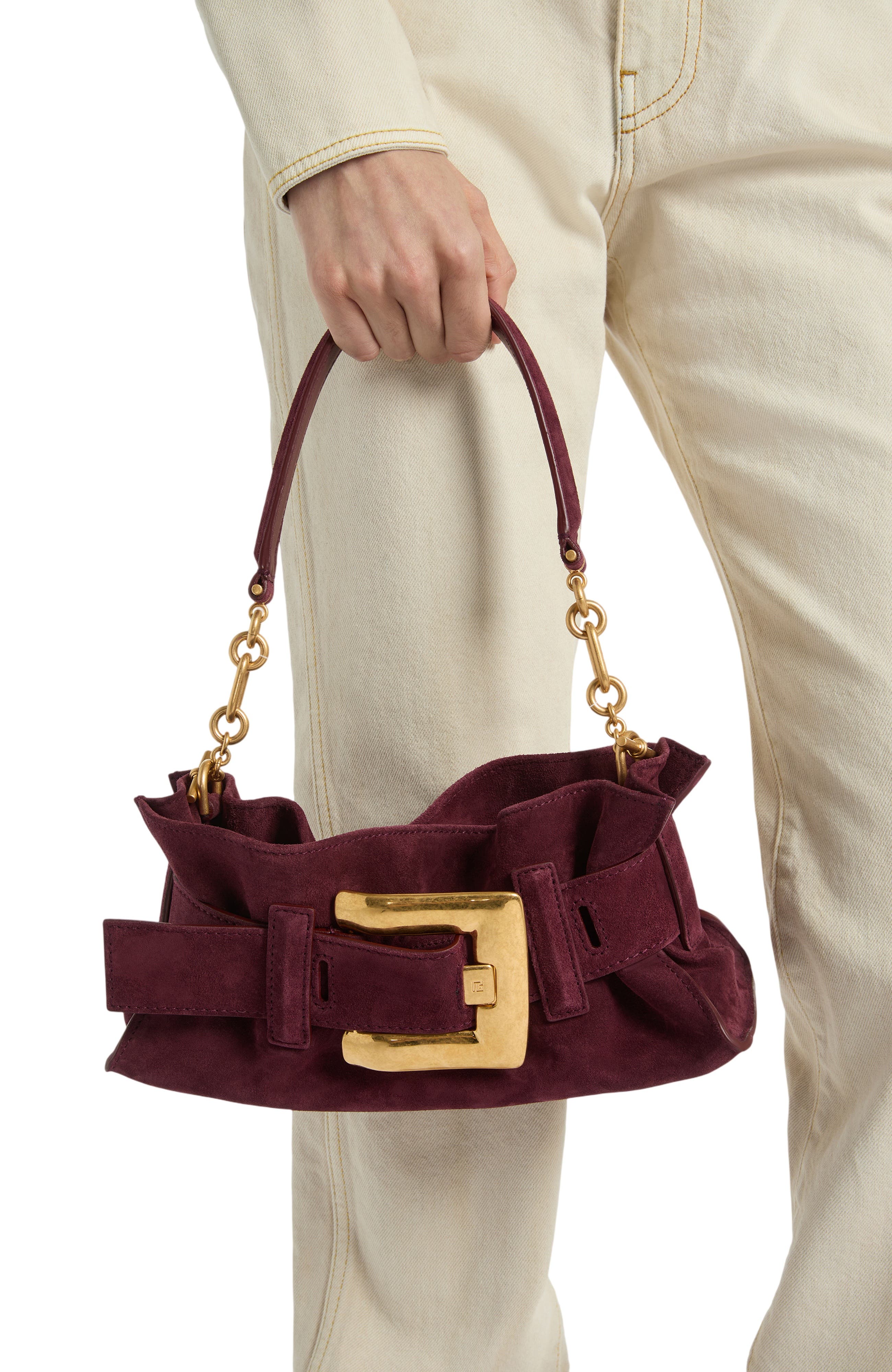 Balmain Anthem Mini suede leather bag, Alternate, color, Red
