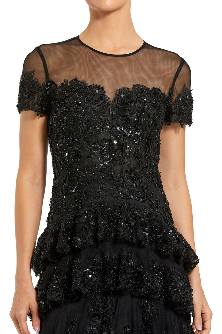 Short Sleeve Tiered Mesh Gown With Embellishments, Alternate, color, Black