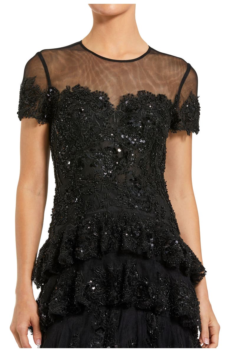 Mac Duggal Short Sleeve Tiered Mesh Gown With Embellishments, Alternate, color, Black