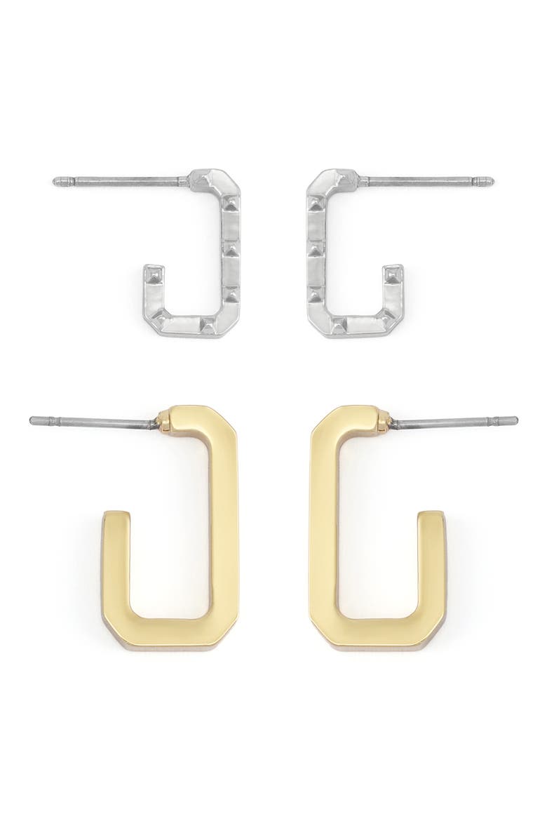 Set of 2 Hex Huggie Hoop Earrings, Alternate, color, TWO TONE SHINY