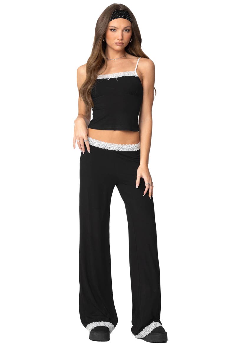 Domino Contrast Lace Trim Wide Leg Pants, Alternate, color, BLACK