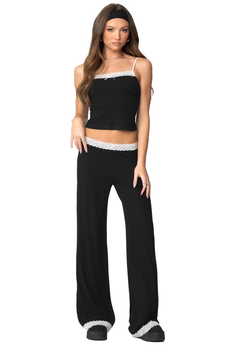 EDIKTED Domino Contrast Lace Trim Wide Leg Pants, Alternate, color, Black
