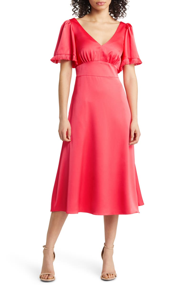 Vince Camuto Fringe Flutter Sleeve Satin Midi Dress, Main, color, 