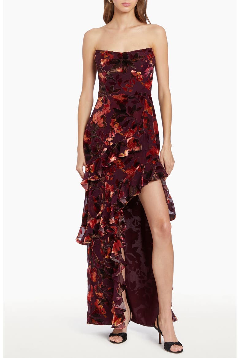 Magnolia Floral Velvet Burnout Strapless Gown, Main, color, SORREL BURNOUT
