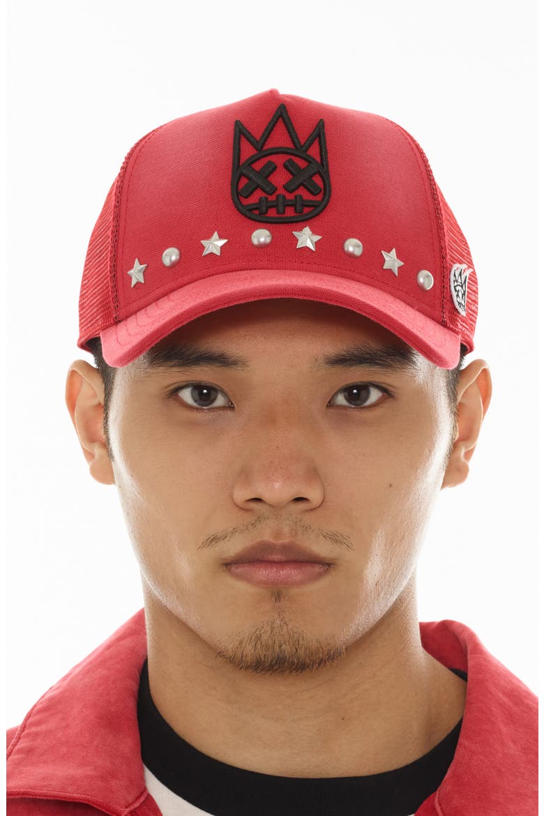 Shimuchan Logo Studded Trucker Hat, Alternate, color, ROCOCCO RED
