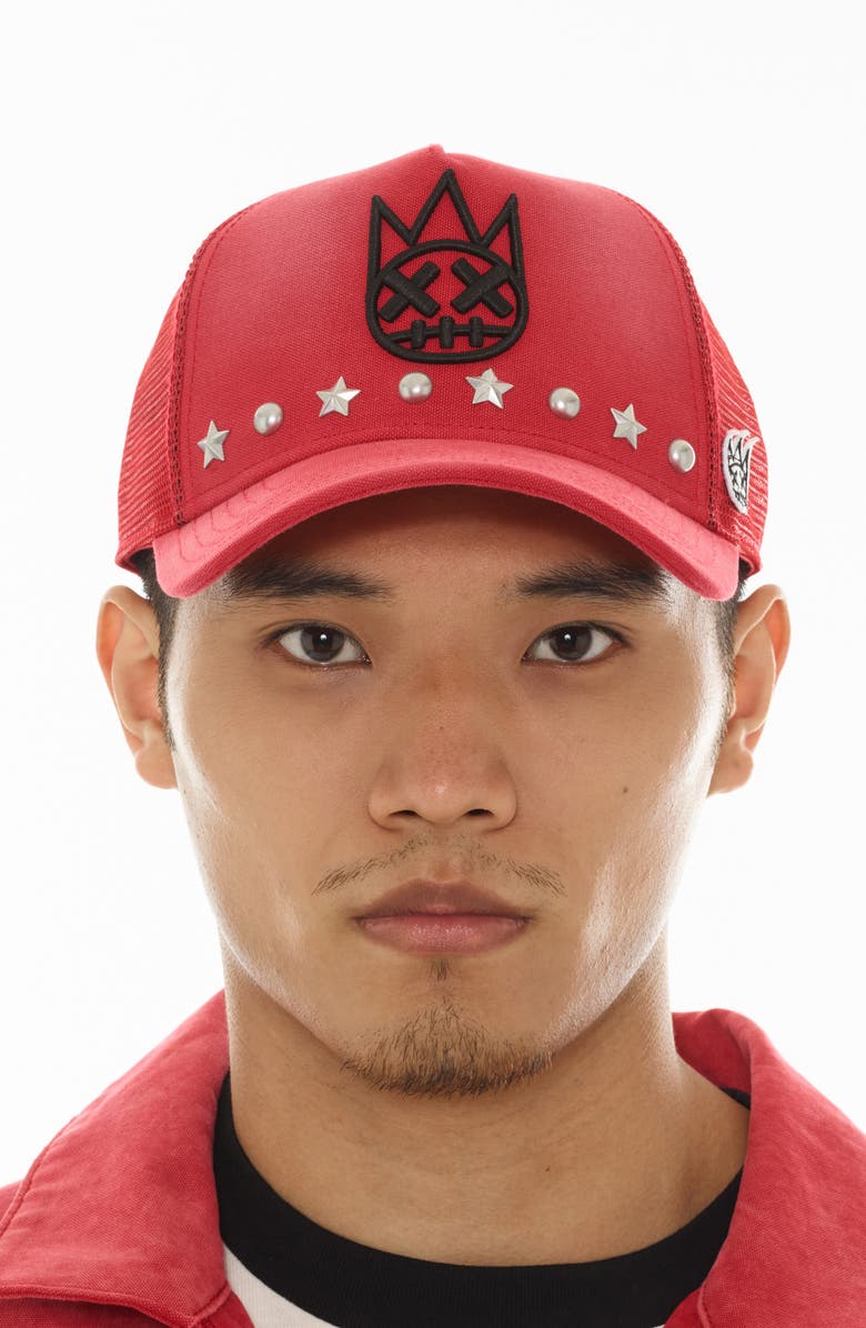 Cult of Individuality Shimuchan Logo Studded Trucker Hat, Alternate, color, Rococco Red