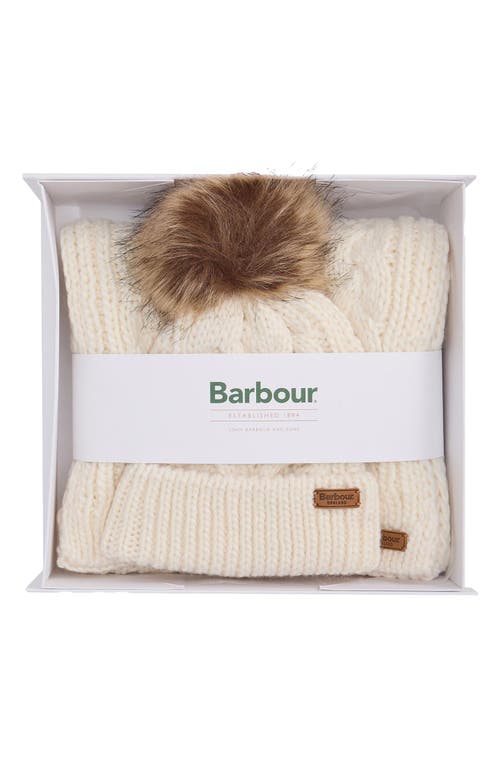 Barbour Penshaw Faux Fur Pompom Beanie & Scarf Set Gift Box In Gray