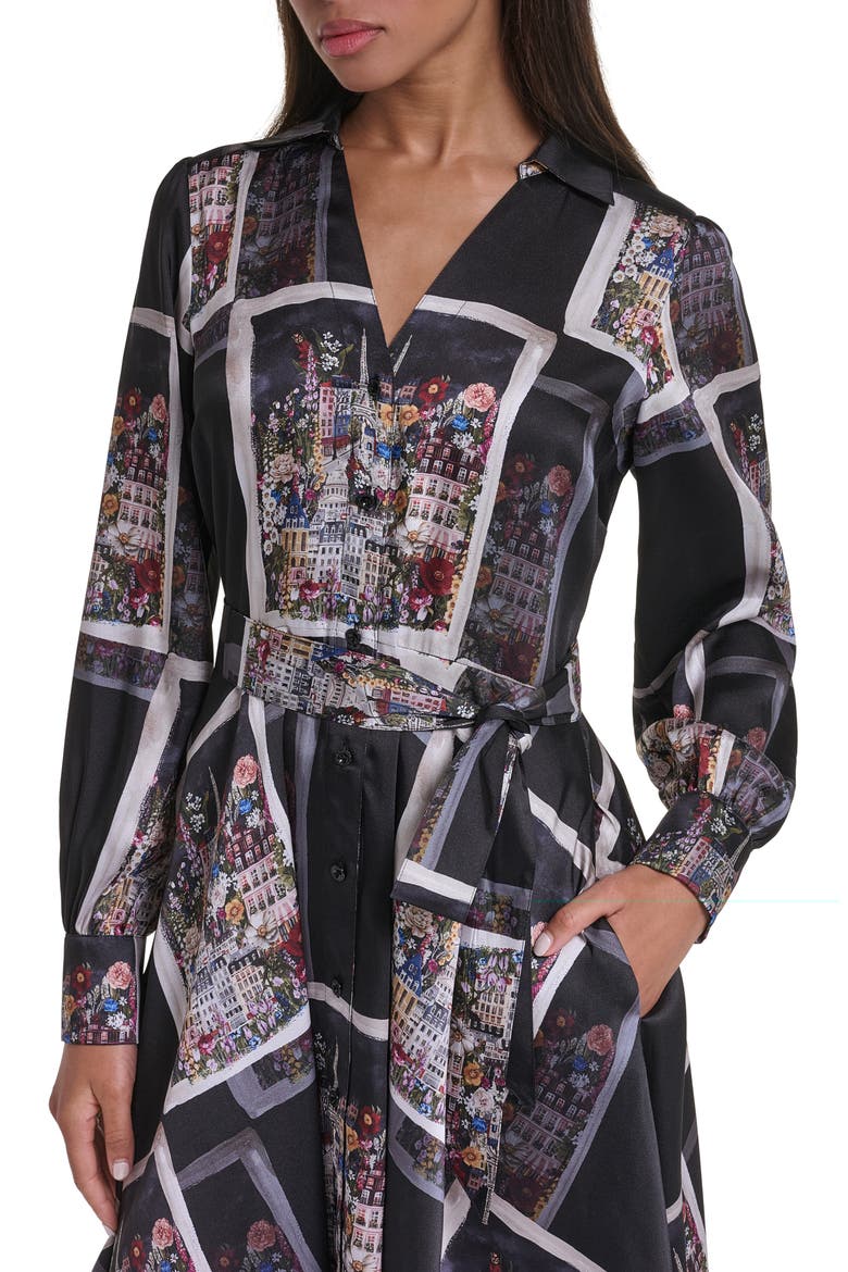 Scarf Print Long Sleeve Handkerchief Hem Twill Shirtdress, Alternate, color, BLACK MULTI