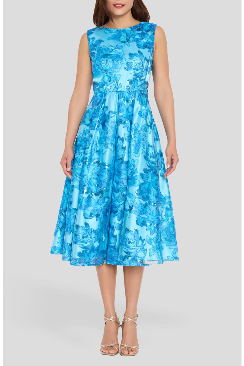 Embroidered Sleeveless Fit & Flare Midi Dress, Main, color, BLUE JEWEL