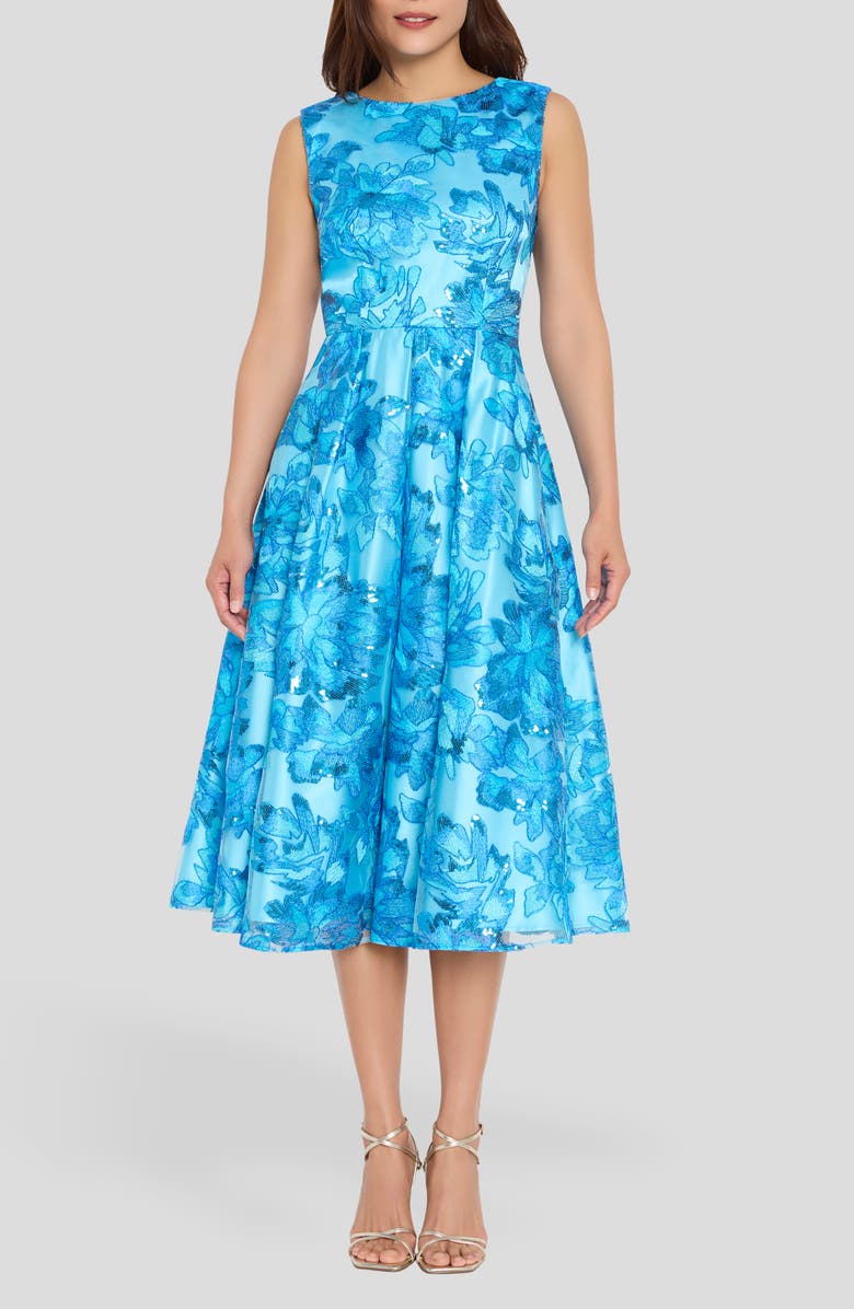 Tahari ASL Embroidered Sleeveless Fit & Flare Midi Dress, Main, color, Blue Jewel
