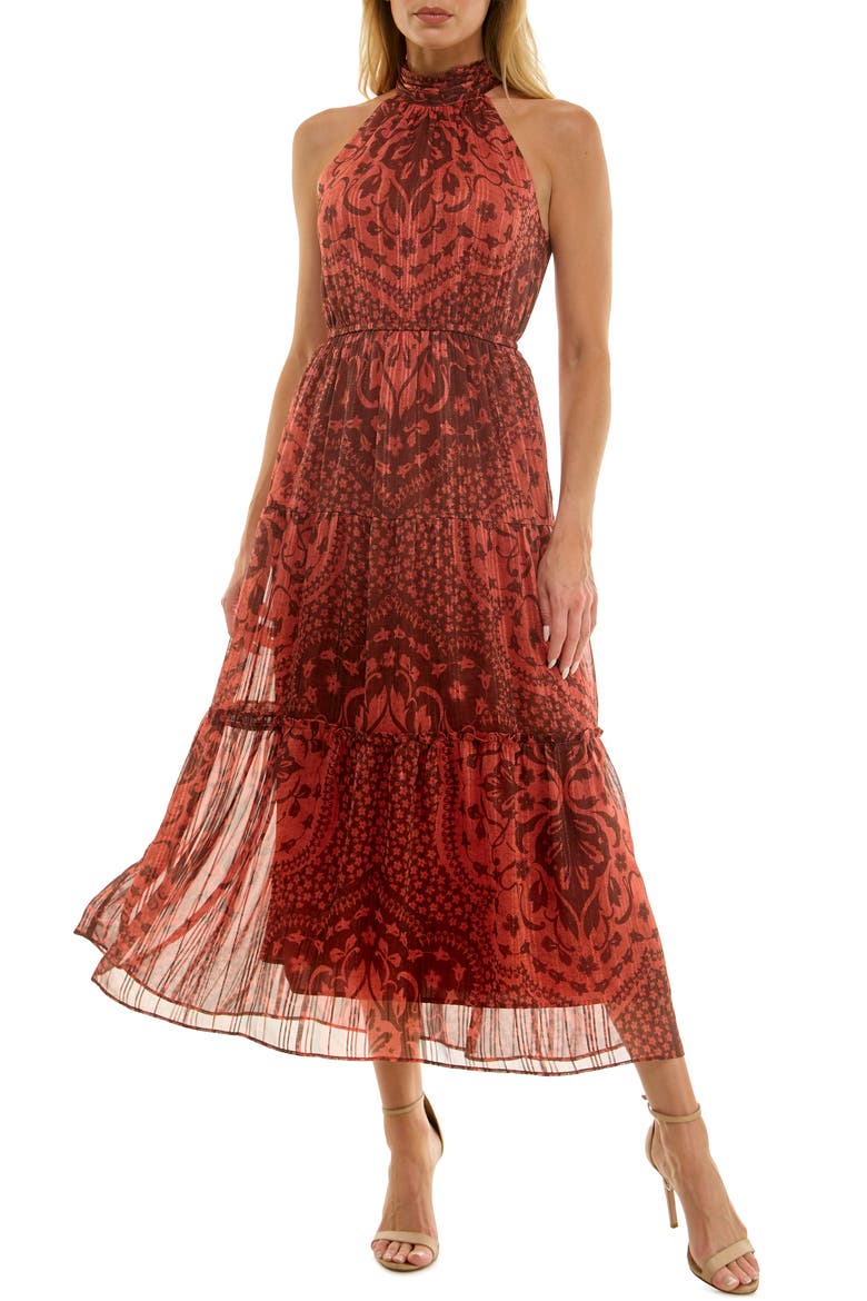 Printed Mock Neck Chiffon Maxi Dress, Main, color, BROWN/ BRICK