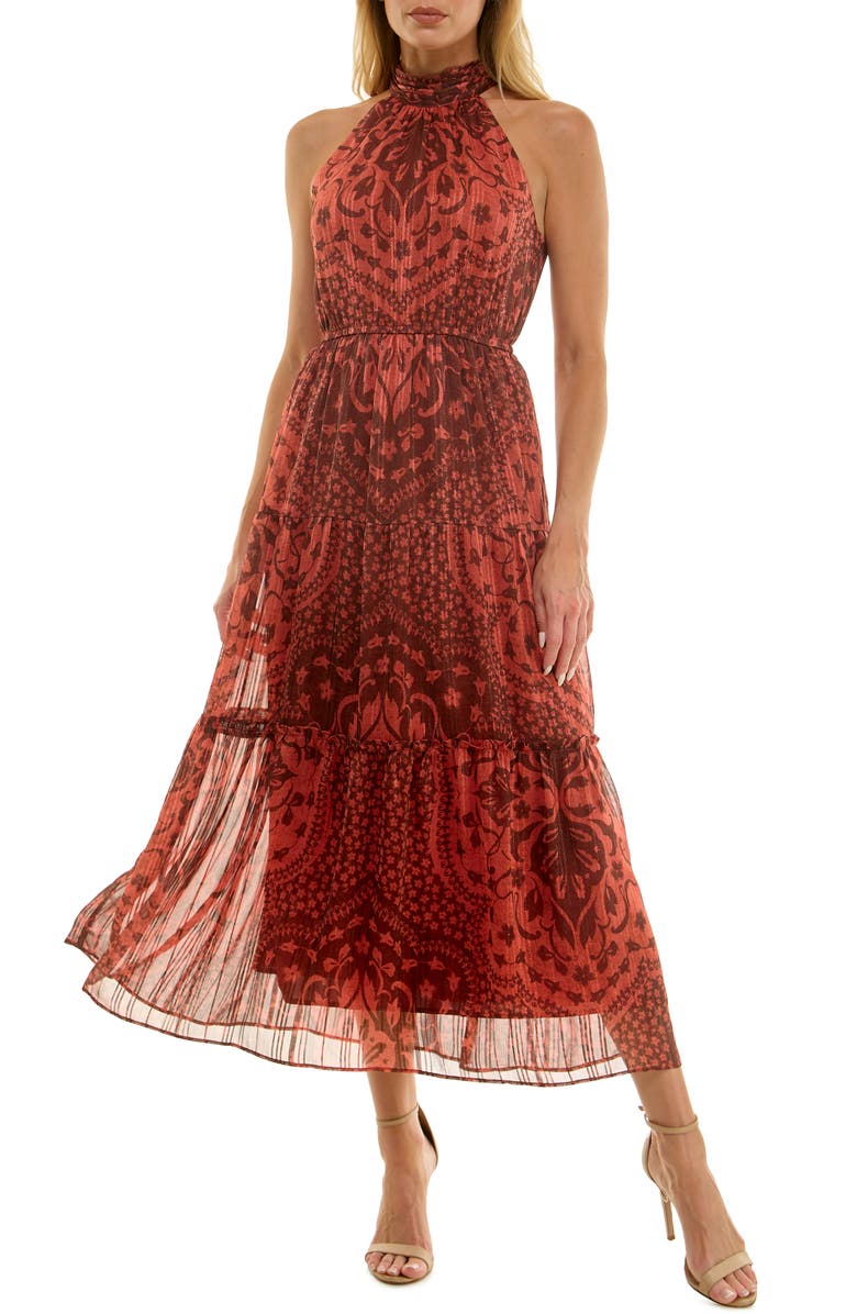 Socialite Printed Mock Neck Chiffon Maxi Dress, Main, color, Brown/ Brick