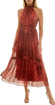 Socialite Printed Mock Neck Chiffon Maxi Dress