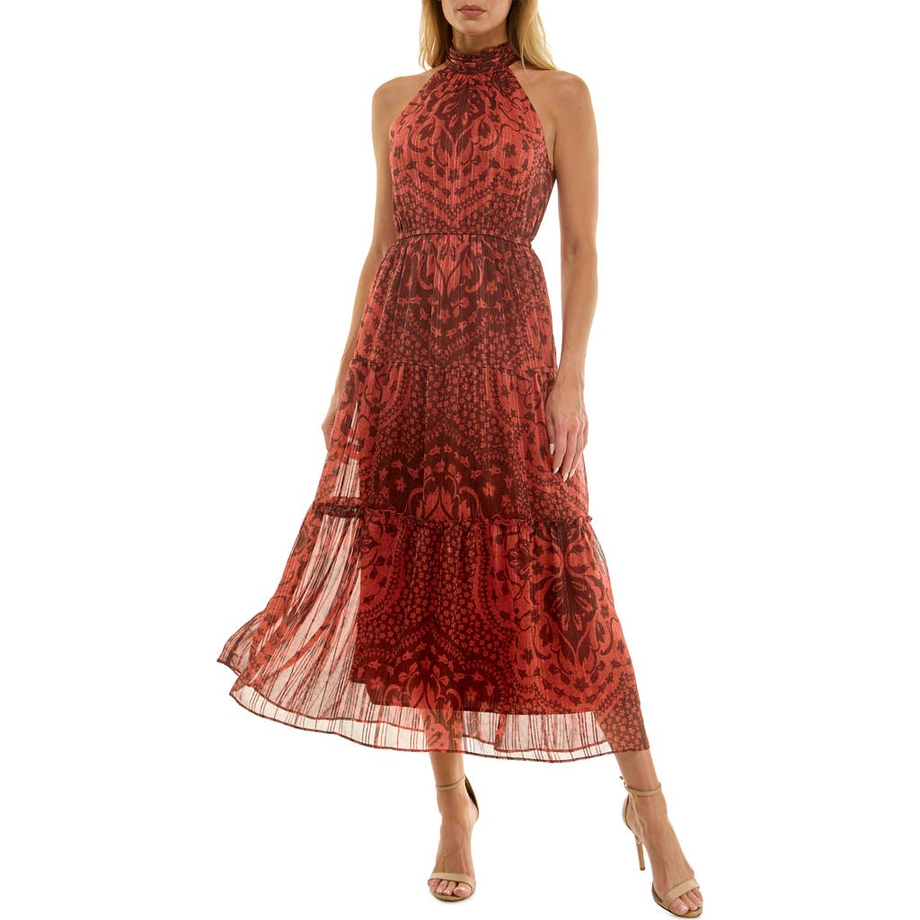 Socialite Printed Mock Neck Chiffon Maxi Dress In Red