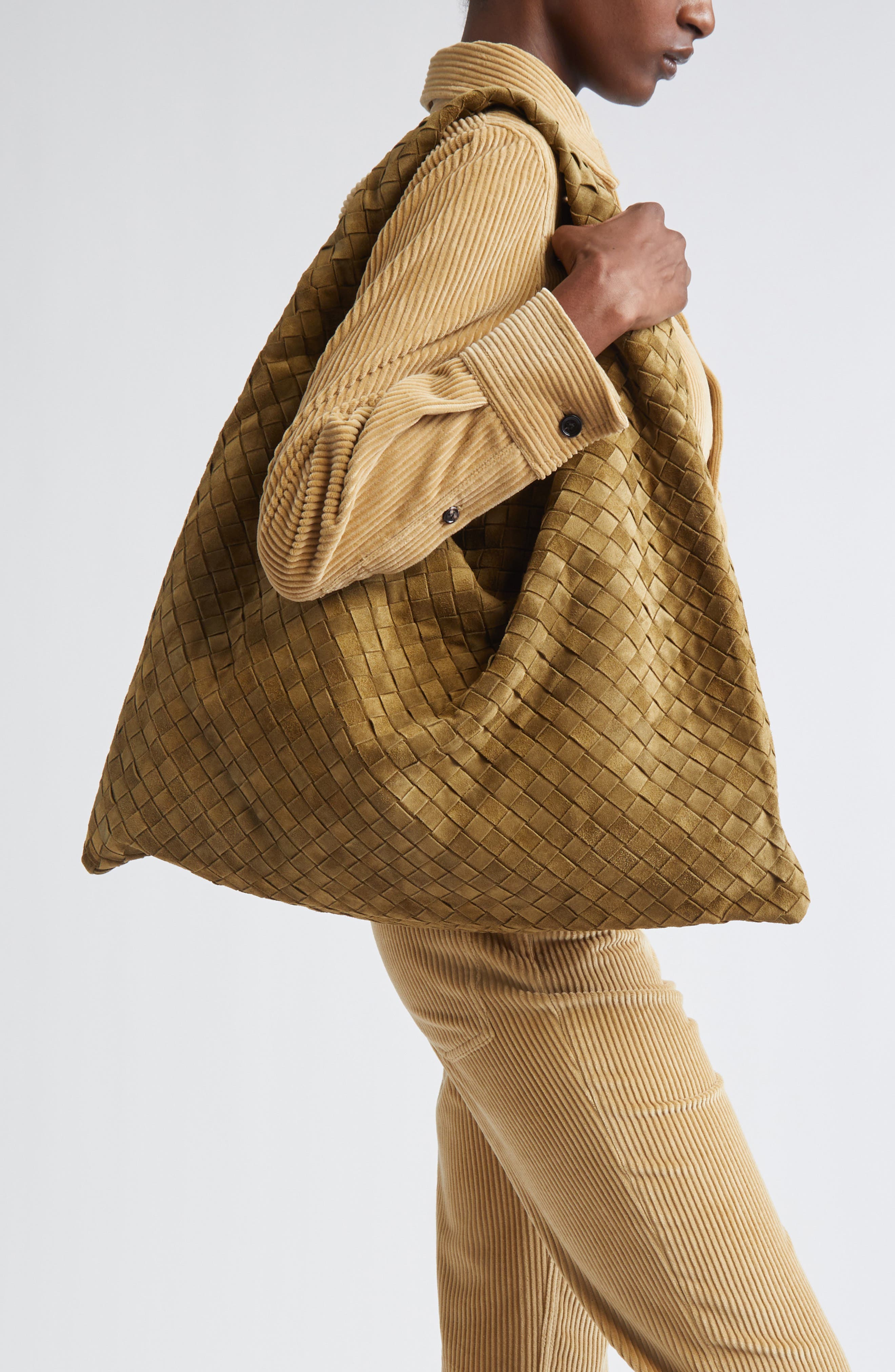 Bottega Veneta Large Hop Intrecciato Suede Hobo Bag, Alternate, color, 2859 Mud-M Brass