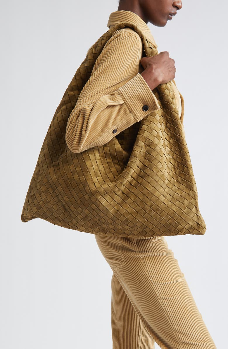 Bottega Veneta Large Hop Intrecciato Suede Hobo Bag, Alternate, color, 2859 Mud-M Brass