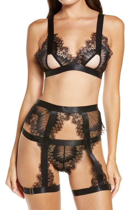 Open Cup Bralette, High Waist Panties & Suspenders Set