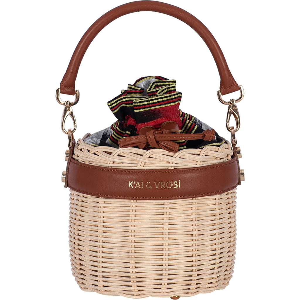 Kai & Vrosi K'ai & Vrosi Leather & Straw Bucket Bag With Drawstring In Brown
