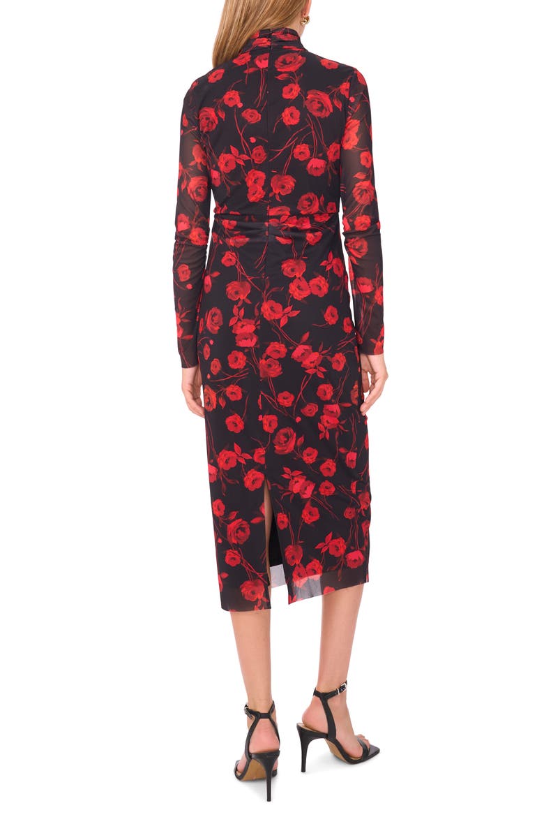 Print Long Sleeve Mesh Midi Dress, Alternate, color, RICH BLACK