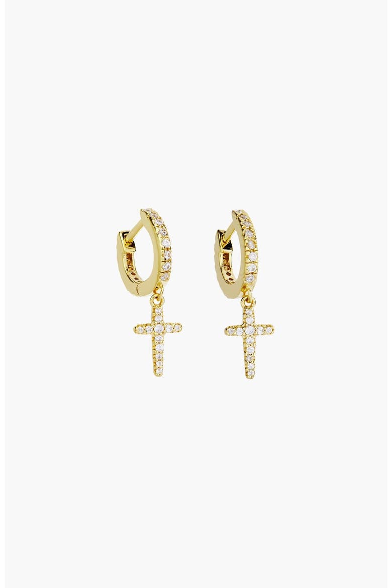 Luminous Pavé Cross Huggie Hoop Earrings, Main, color, 18k Gold Plated