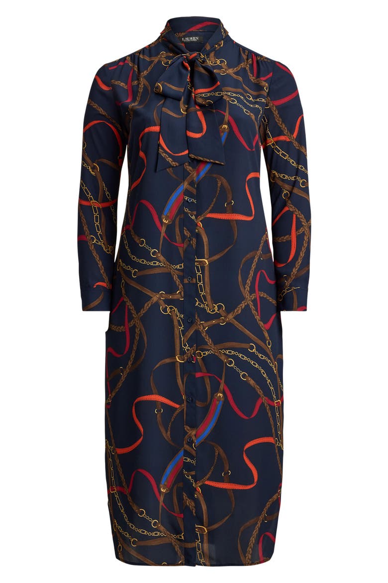 Chain Print Tie Waist Long Sleeve Crepe Shirtdress, Alternate, color, NAVY MULTI