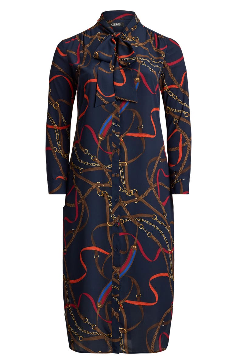 Lauren Ralph Lauren Chain Print Tie Waist Long Sleeve Crepe Shirtdress, Alternate, color, Navy Multi