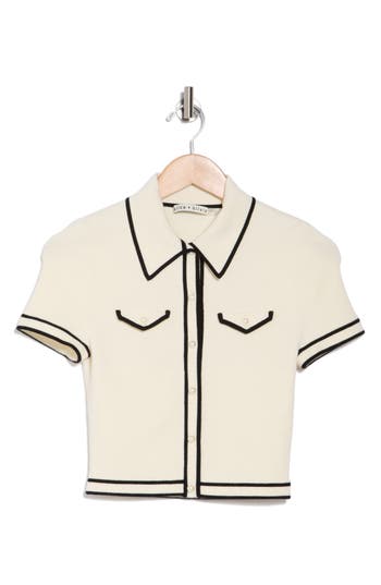 Alice And Olivia Alice + Olivia Marlena Crop Wool Blend Button-up Polo Sweater In Ecru/black