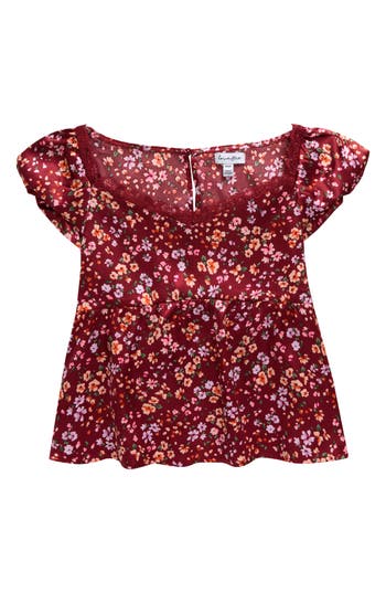 Shop Love, Fire Kids' Floral Cap Sleeve Satin Top In Burgundy Floral