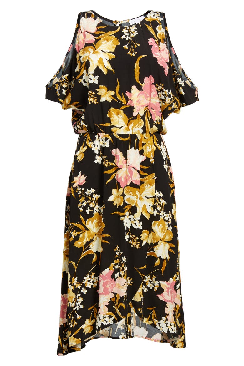 Cold Shoulder Midi Dress, Alternate, color, BLACK MIXED FLORAL