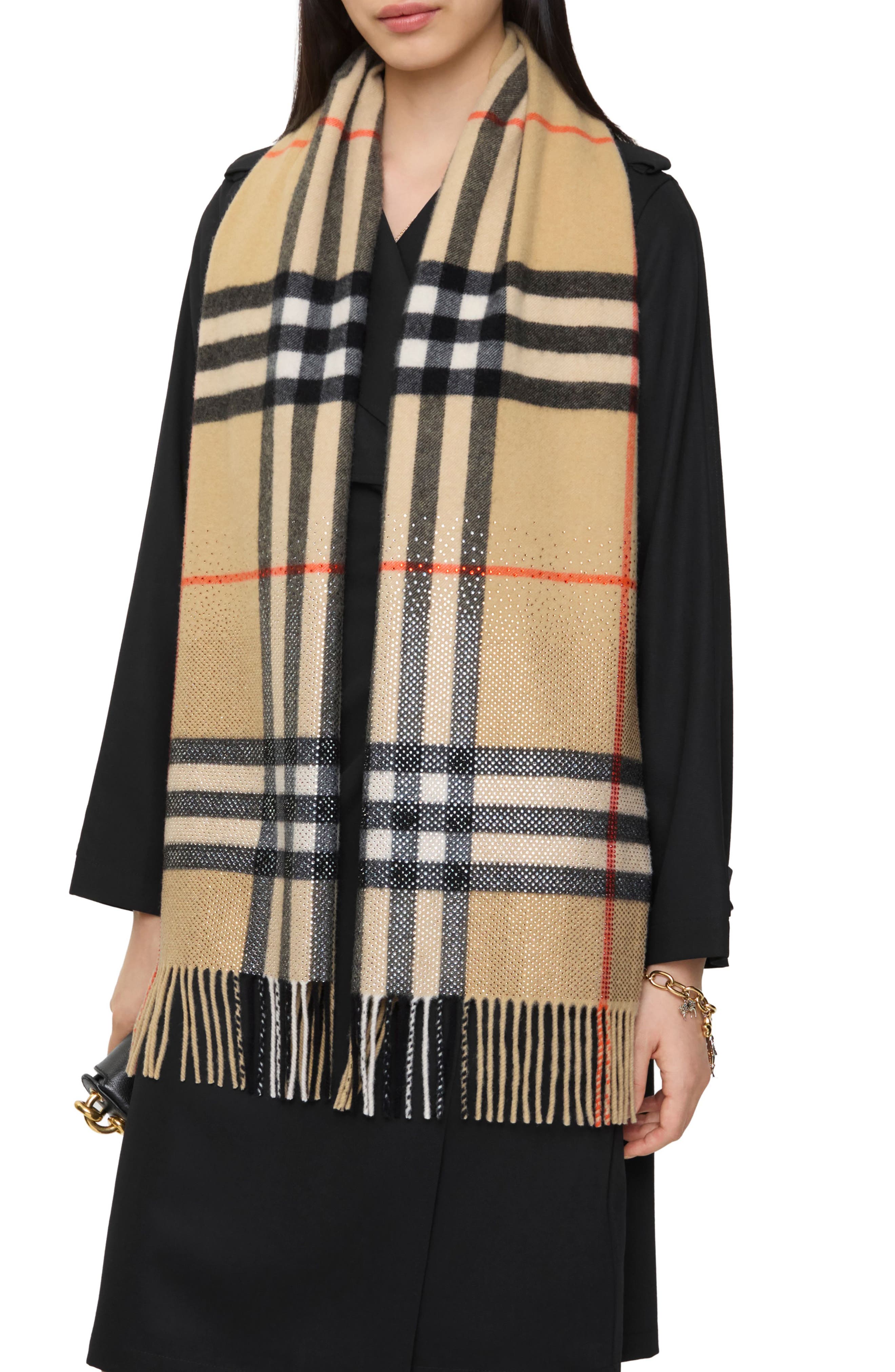 Crystal Embellished Check Cashmere Fringe Scarf (Women) | Nordstrom