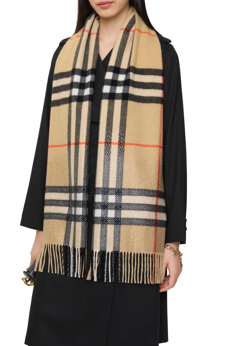 Crystal Embellished Check Cashmere Fringe Scarf, Main, color, SAND