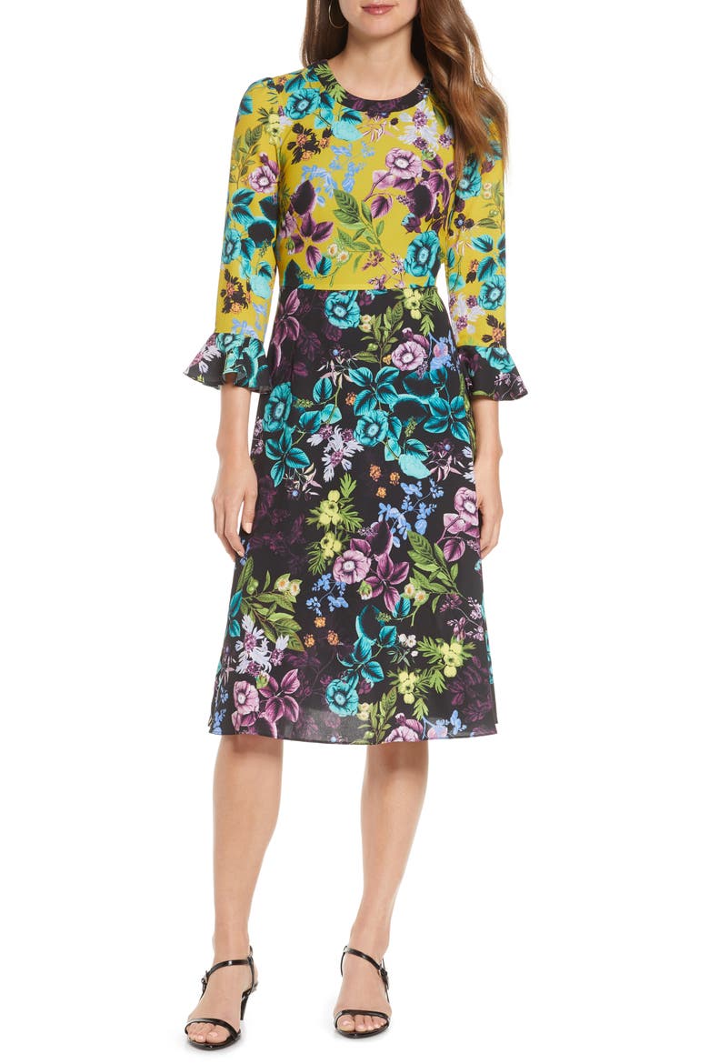 Floral Colorblock Midi Dress, Main, color, YELLOW