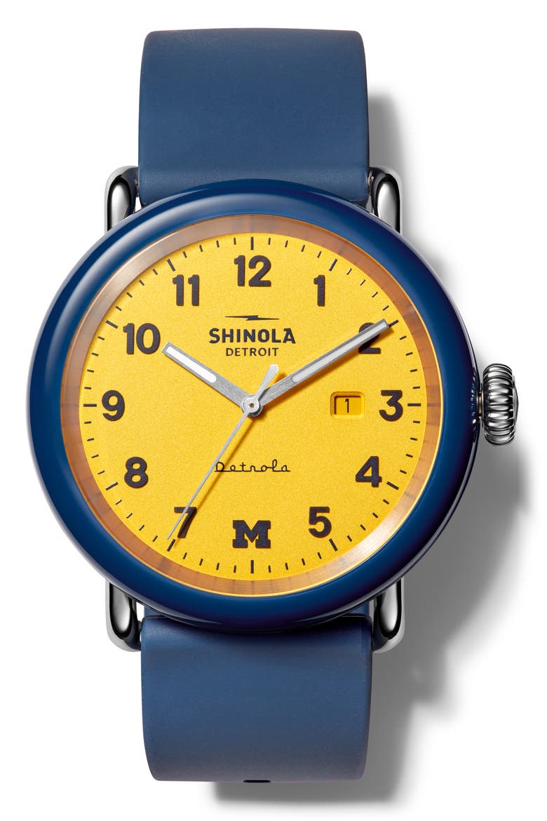 Detrola The Wolverine Silicone Strap Watch, 43mm, Main, color, MIDNIGHT BLUE/ MAIZE/ SILVER