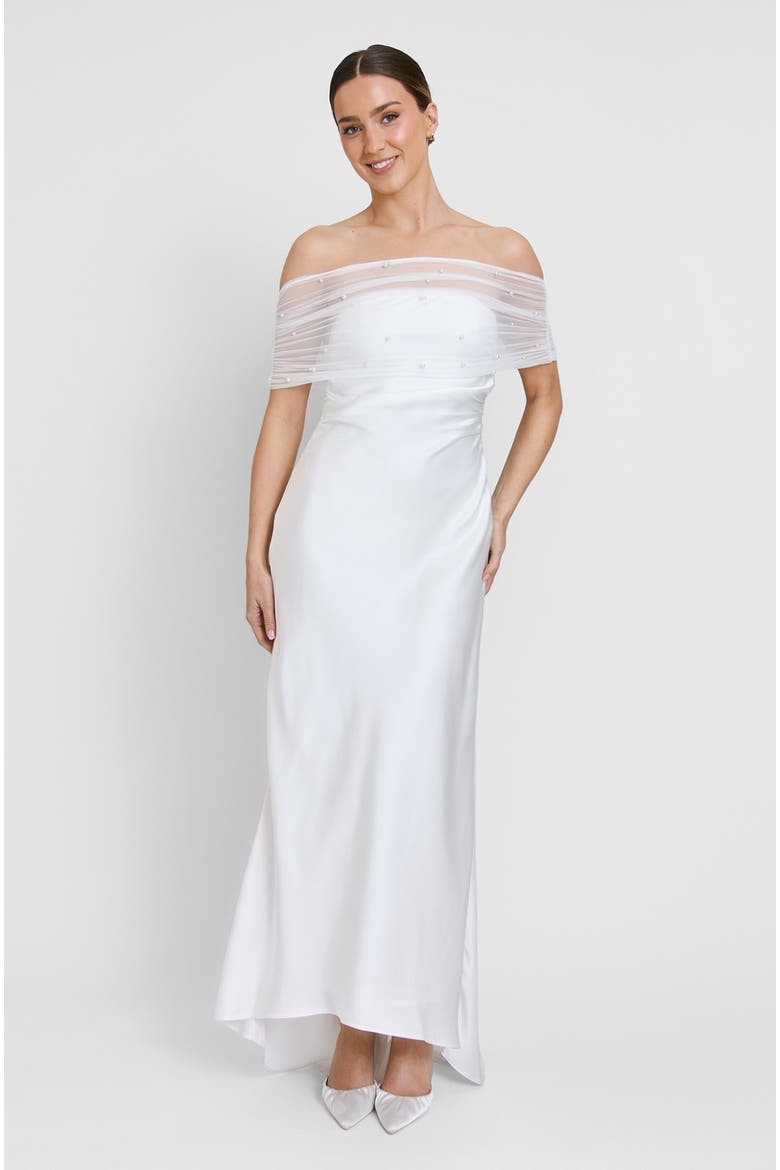 Bardot Detail Beaded Satin Midaxi Dress, Main, color, White