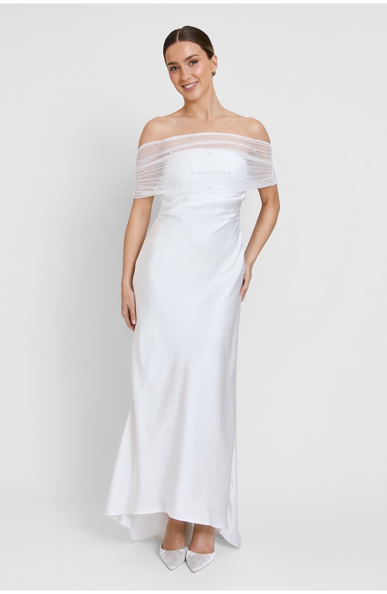 Six Stories Bardot Detail Beaded Satin Midaxi Dress, Main, color, White