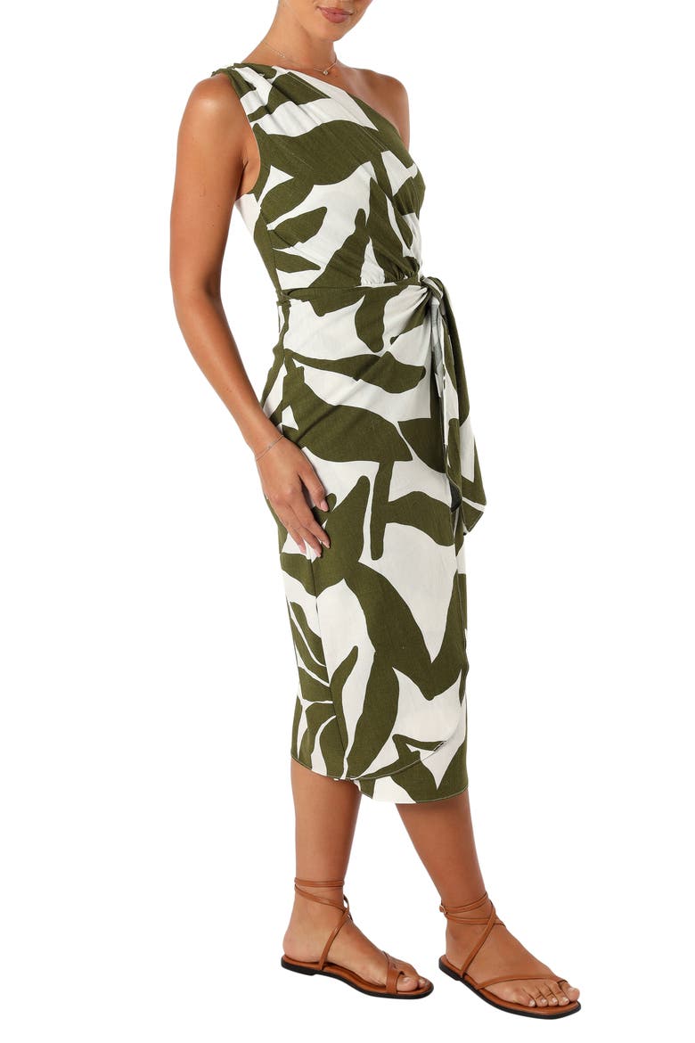 Zara Print One-Shoulder Midi Dress, Alternate, color, OLIVE PALM