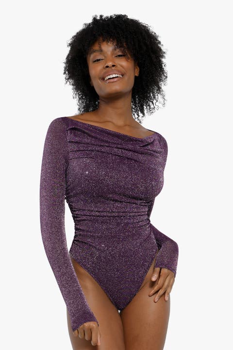 Shapewear Metallic Knit Long Sleeve Slimming Bodysuit